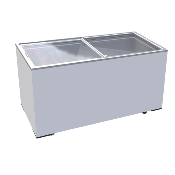 Tefcold Diepvrieskist met vlakke glazen schuifdeksels 390 Liter | 1555x635x875 mm.