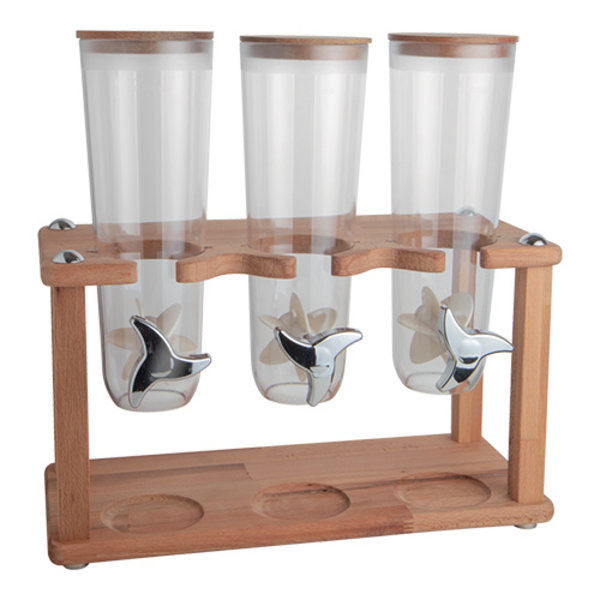 EMGA Dispensers op Houten Standaard |  3x 1.5 Liter | Muesli, Cornflakes en Noten | 43Hx20x44cm.