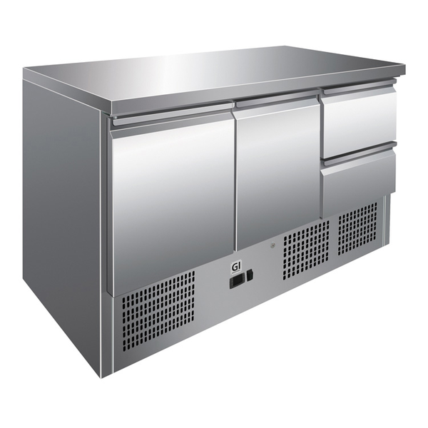 Gastro-Inox Koelwerkbank met 2 deuren 2 laden | Geforceerde Koeling | 257 Liter | 2°C tot 8°C | 1365x700xH860mm