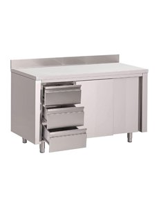 Gastro-M RVS werktafel met 3 laden links, schuifdeuren en achteropstand | 85x120x70cm