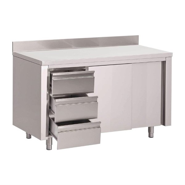 Gastro-M Gastro M RVS werktafel met 3 laden links, schuifdeuren en achteropstand | 85x180x70cm