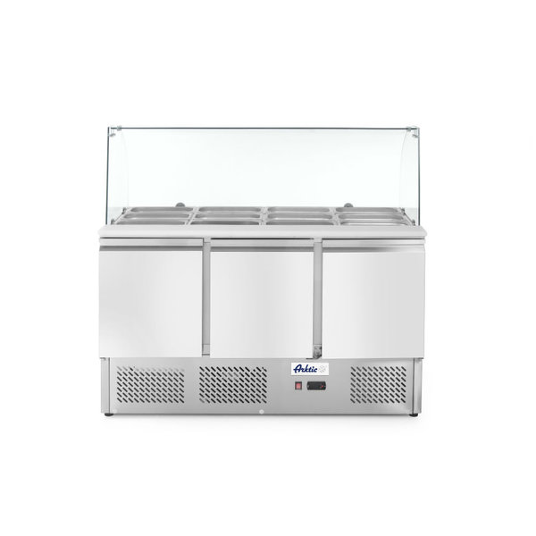Hendi/Arktic Saladette met 3 deuren en glazen vitrine 380L | 2/8˚C - 230V / 310W - R600a - 1365x700x(H)1300mm