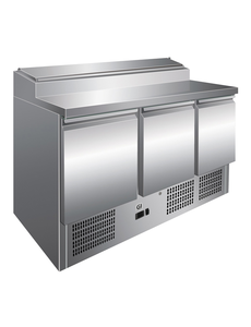 Gastro-Inox Saladette met 3 deuren en klapdeksel  8x GN1/6 | 1365x700xH1010mm.