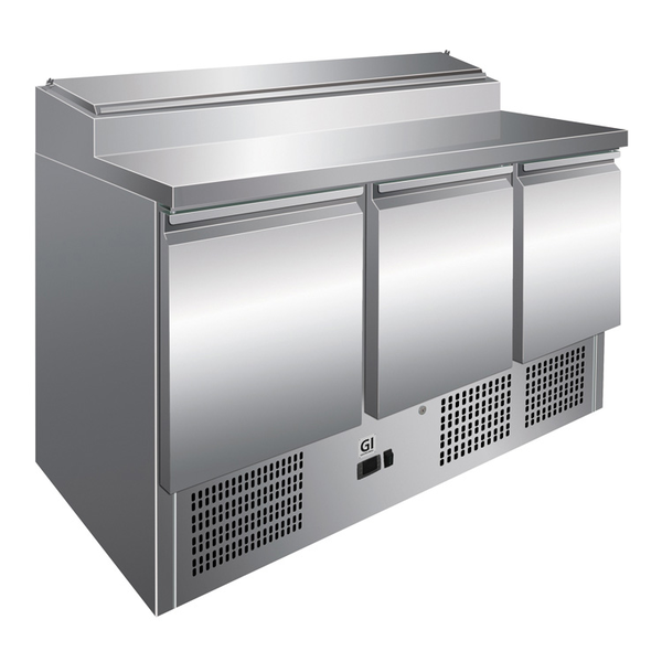 Gastro-Inox Saladette met 3 deuren en klapdeksel  8x GN1/6 | 1365x700xH1010mm.