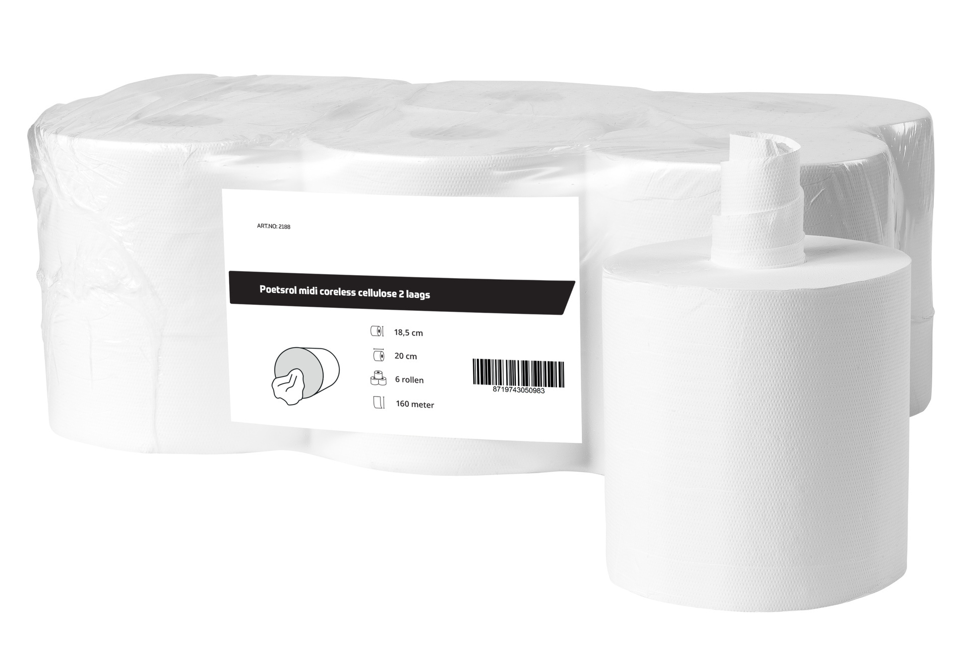 All Care Poetsrol midi coreless cellulose 2laags | 6 rollen van 160 meter