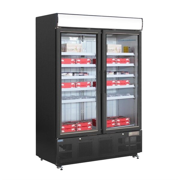 Polar Polar Display vrieskast met klapdeuren en lichtbak 920 liter zwart | -22°C tot -18°C | 137x72xH202 cm.