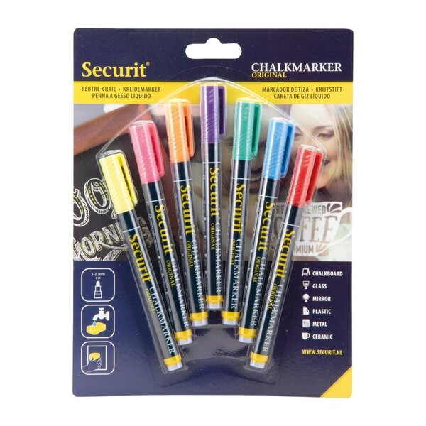 Securit Securit Liquid krijtstift 1-2mm Penpunt in rood, blauw, geel, groen, roze, oranje, violet (doos 7)