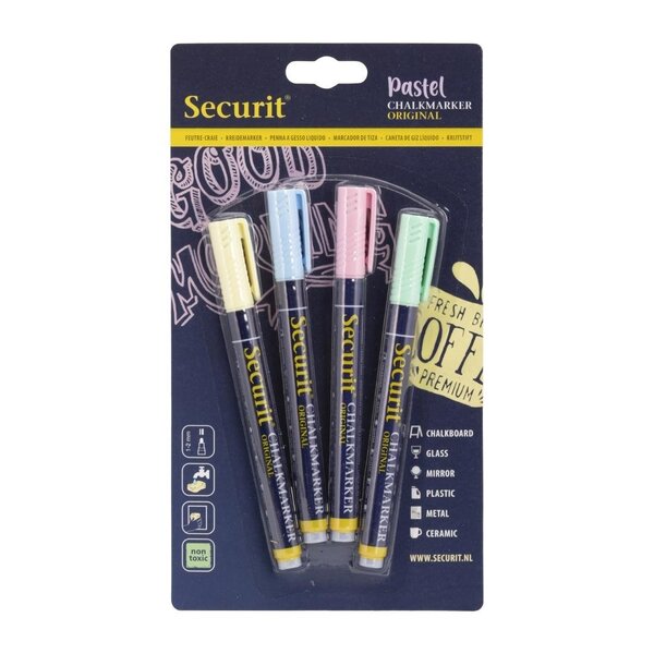 Securit Securit Liquid pastel krijtstift met 1-2mm Penpunt in groen, blauw, geel, lila (doos 4)