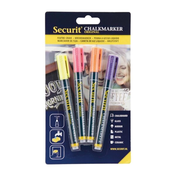 Securit Securit Liquid chalkmarker tropical met 1-2mm Penpunt in geel, roze, oranje, violet (box 4)