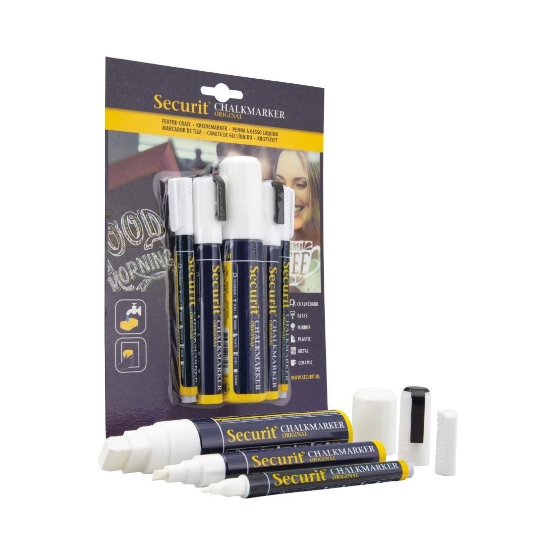 Securit Securit 5 Original Chalk Marker een ronde, geciseleerde stift met blokpunt in wit, foto 2 van 4