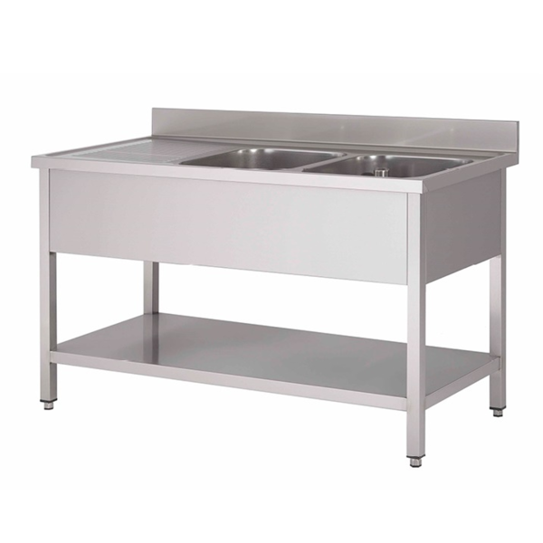 Gastro-Inox Spoelwerktafel met 2 spoelbakken rechts en onderblad | Gelast RVS | 700 mm. diep