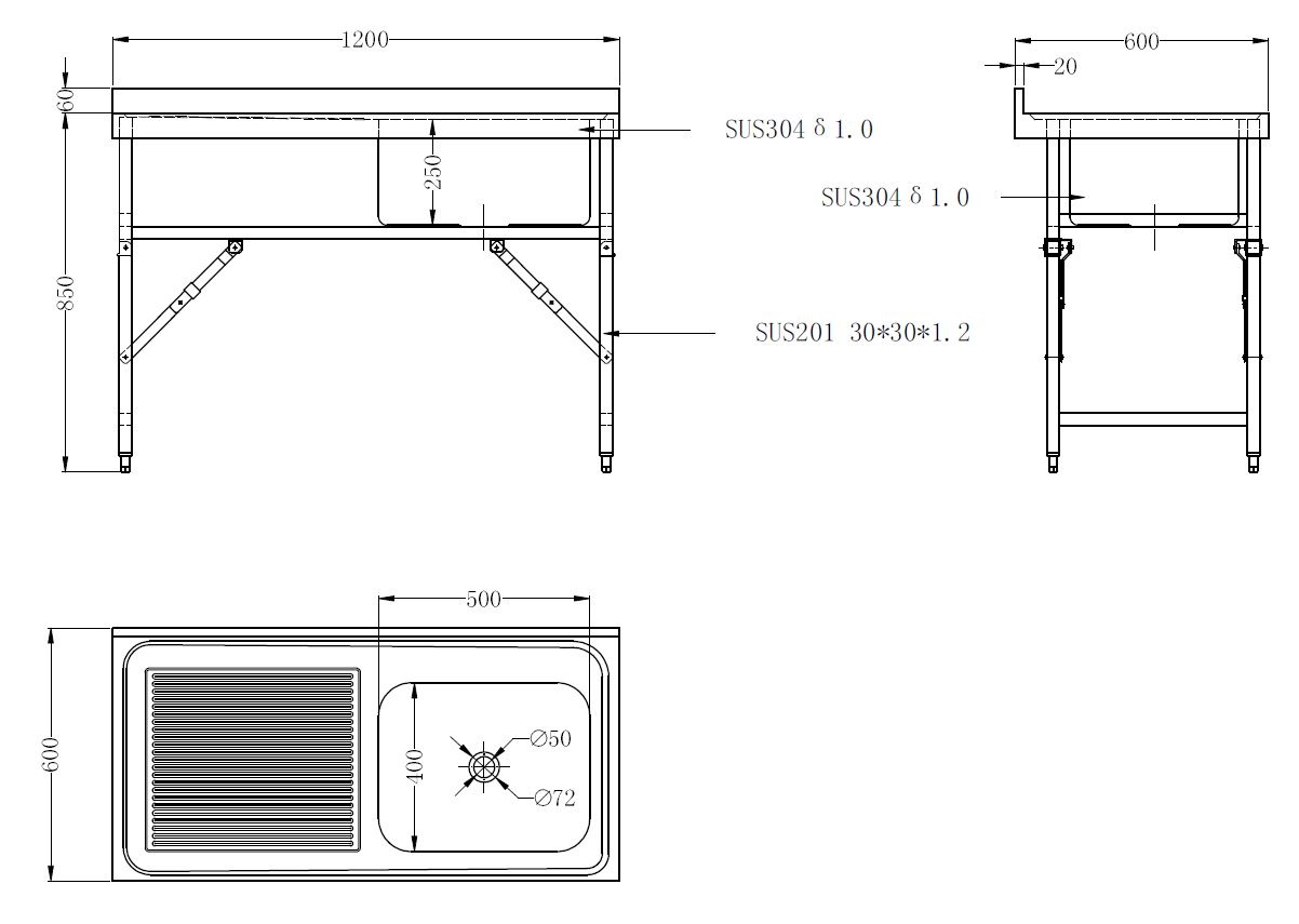 Combisteel Inklapbare Spoeltafel 1r| 1200x600x910(h)mm, foto 2 van 2