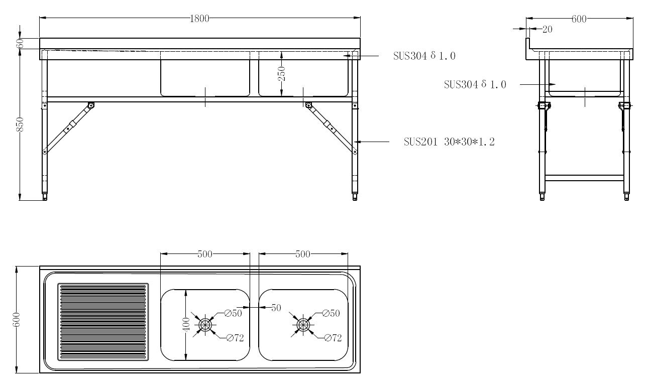 Combisteel Inklapbare Spoeltafel 2r| 1800x600x910(h)mm, foto 2 van 2