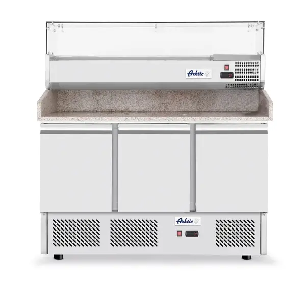 Hendi/Arktic Hendi Pizzawerkbank met 3 deuren en opzetkoelvitrine | 380+40 Liter |  1405x700xH1285 mm.