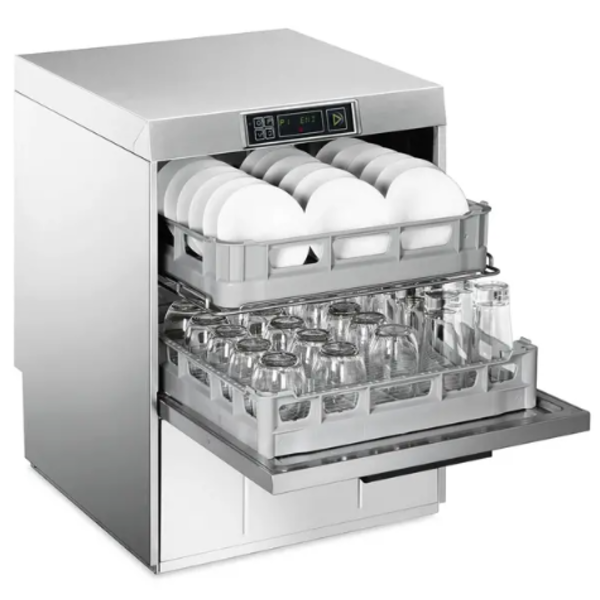 SMEG Smeg Easyline Horeca vaatwasser voor 2 korven 500x500 (Dubbele Belading) | Afvoerpomp | Zeeppomp | Naglanspomp | Breaktank | 400V | Dubbelwandig | 600x600xH822mm