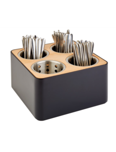 APS Bestekhouder met 4 RVS houders | Hout, SAN en RVS | 27x27xH15 cm.