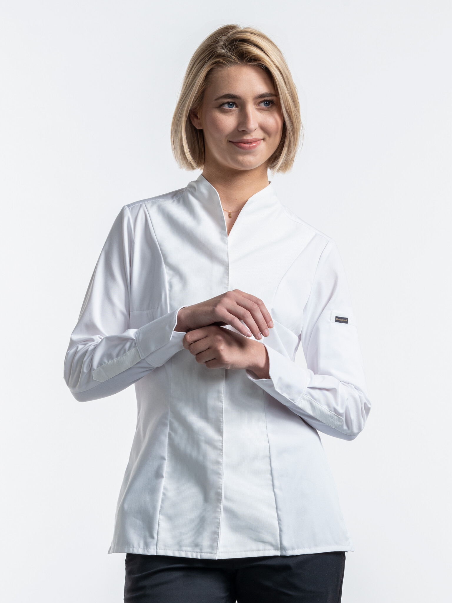 Chaud Devant Koksbuis | Lady Noble FX White Stretch | Wit | Getailleerde pasvorm | Lange mouw | Dames