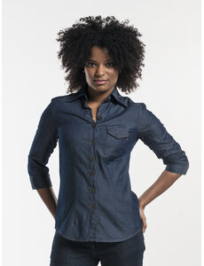 Chaud Devant Blouse | Women Blue Denim Stretch 3/4 Sleeve | Blauw | Getailleerde pasvorm | Driekwart mouw | Dames