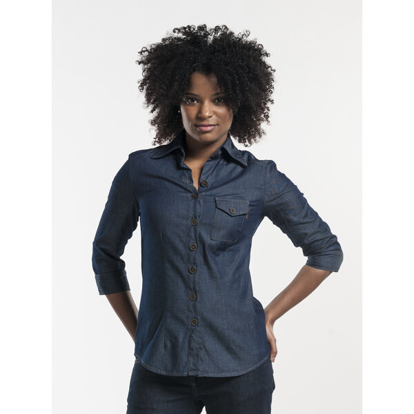 Chaud Devant Blouse | Women Blue Denim Stretch 3/4 Sleeve | Blauw | Getailleerde pasvorm | Driekwart mouw | Dames