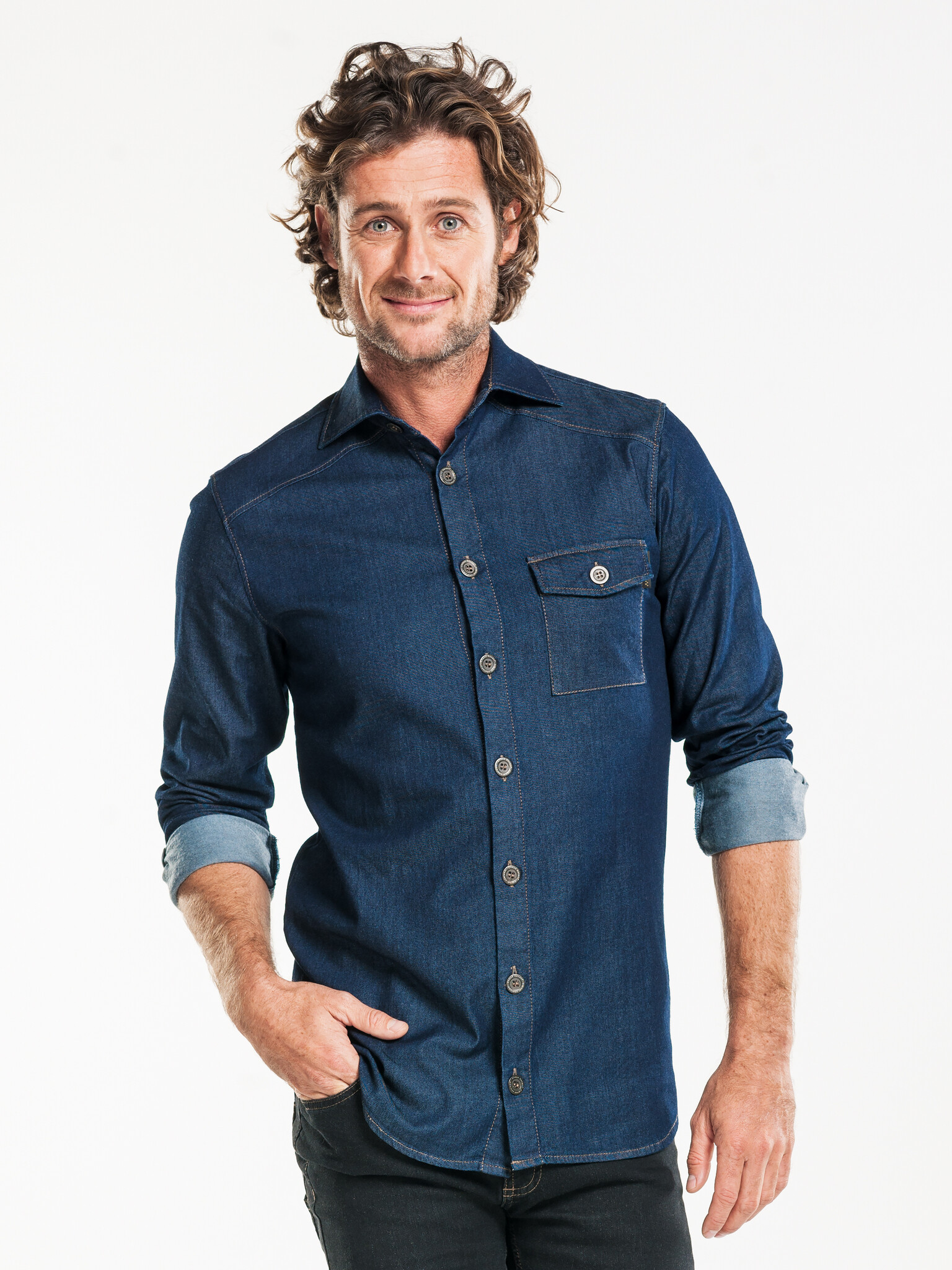 Chaud Devant Overhemd | Men Blue Denim Stretch | Blauw | Getailleerde pasvorm | Lange mouw | Heren