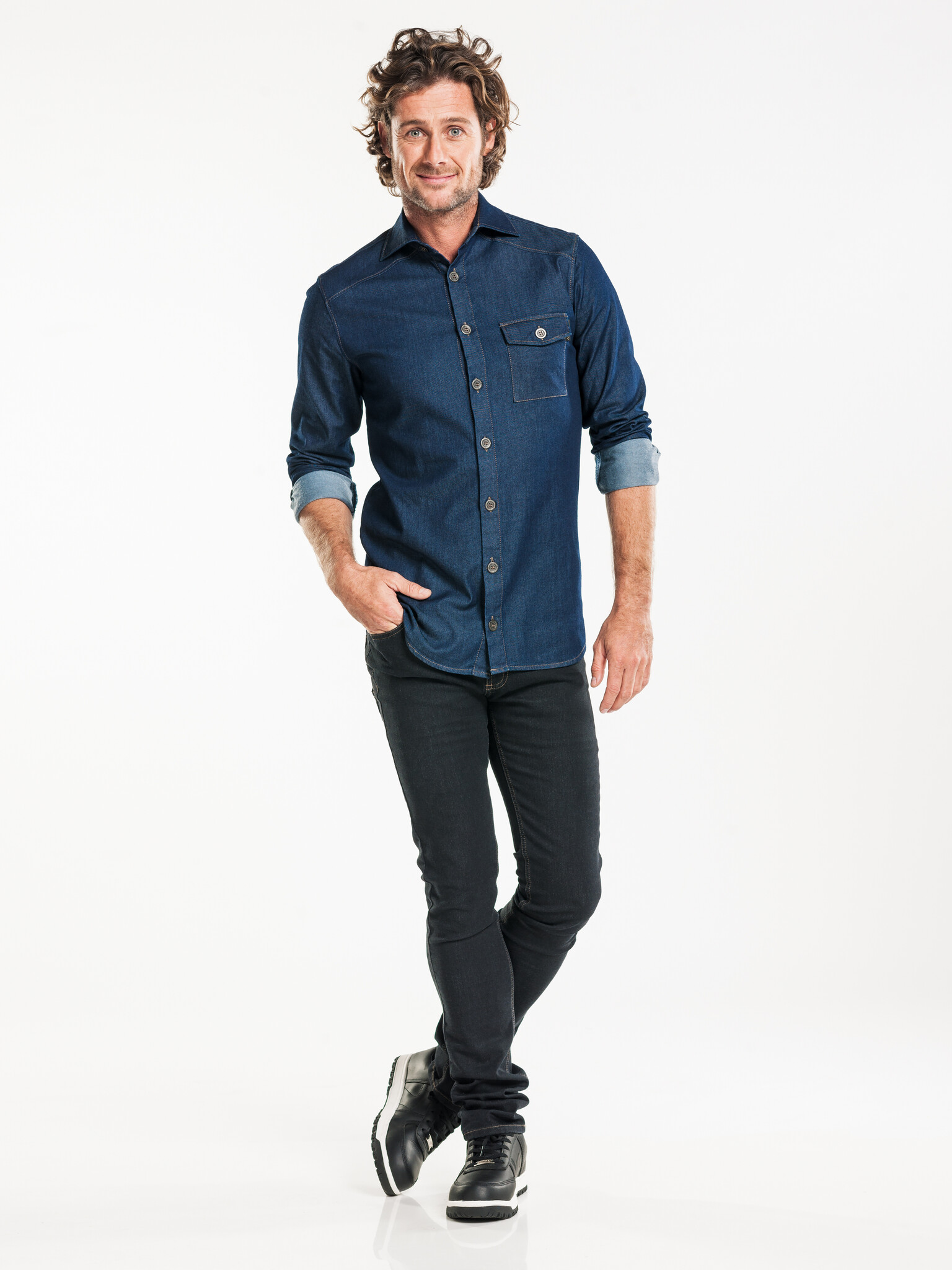Chaud Devant Overhemd | Men Blue Denim Stretch | Blauw | Getailleerde pasvorm | Lange mouw | Heren, foto 2 van 3