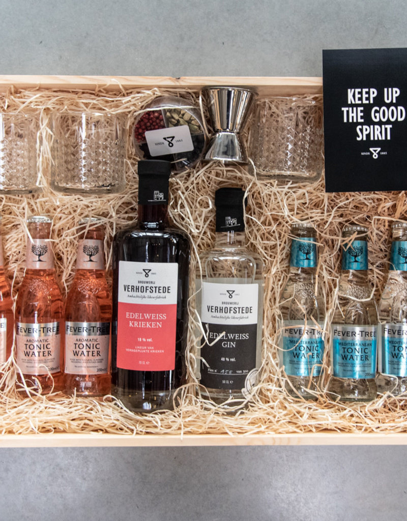 Geschenkkist Edelweiss Gin, Kriek, Tonic, Glazen & barmateriaal