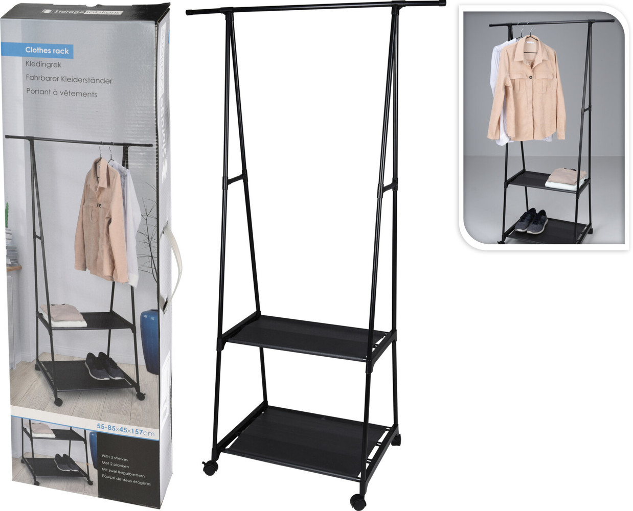 Relaxwonen Relaxwonen - Kledingrek - Zwart - Industrieel - met wieltjes - snel in elkaar te zetten
