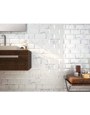 Luxury Tiles Carrara Marble effect Bevelled Metro Tile 10x20cm