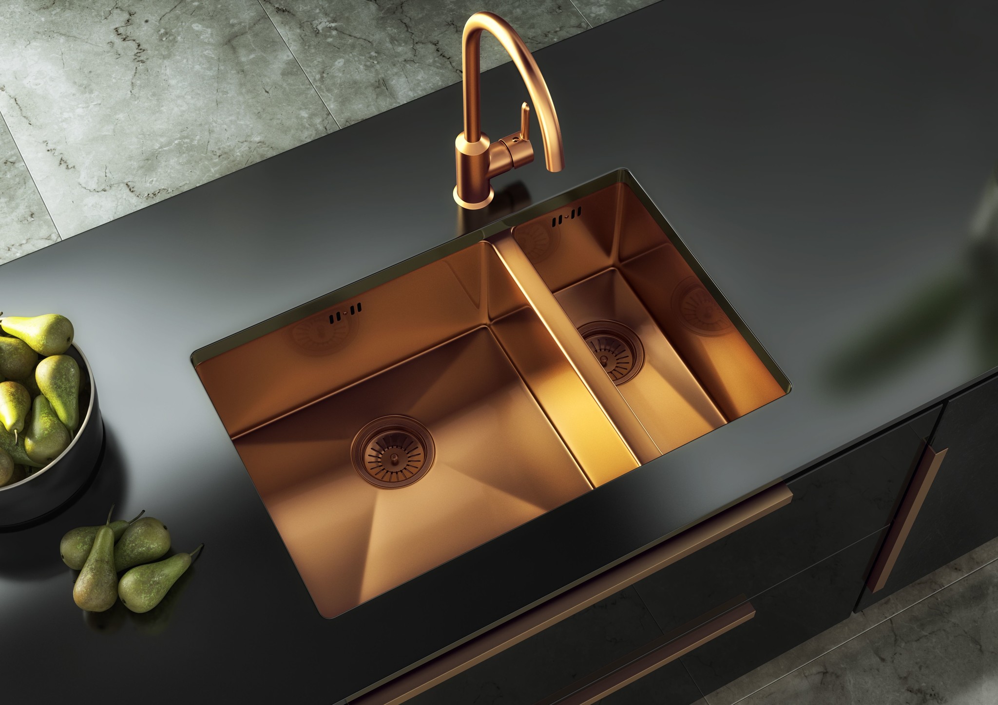 Midas Copper Undermount Kitchen Sink with base Luxury Tiles