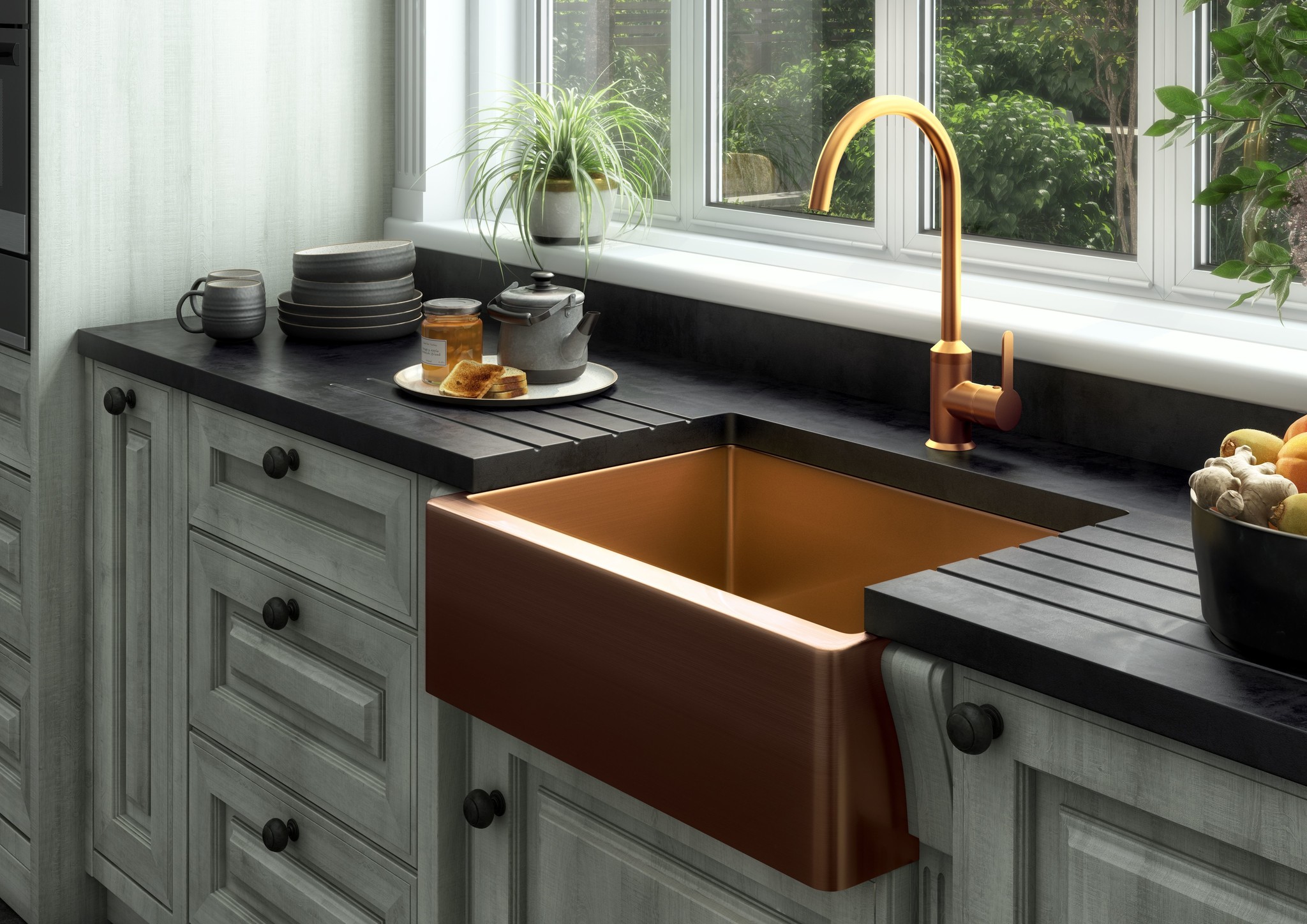 Midas Statement Single Bowl Copper Kitchen Sink Luxury Tiles