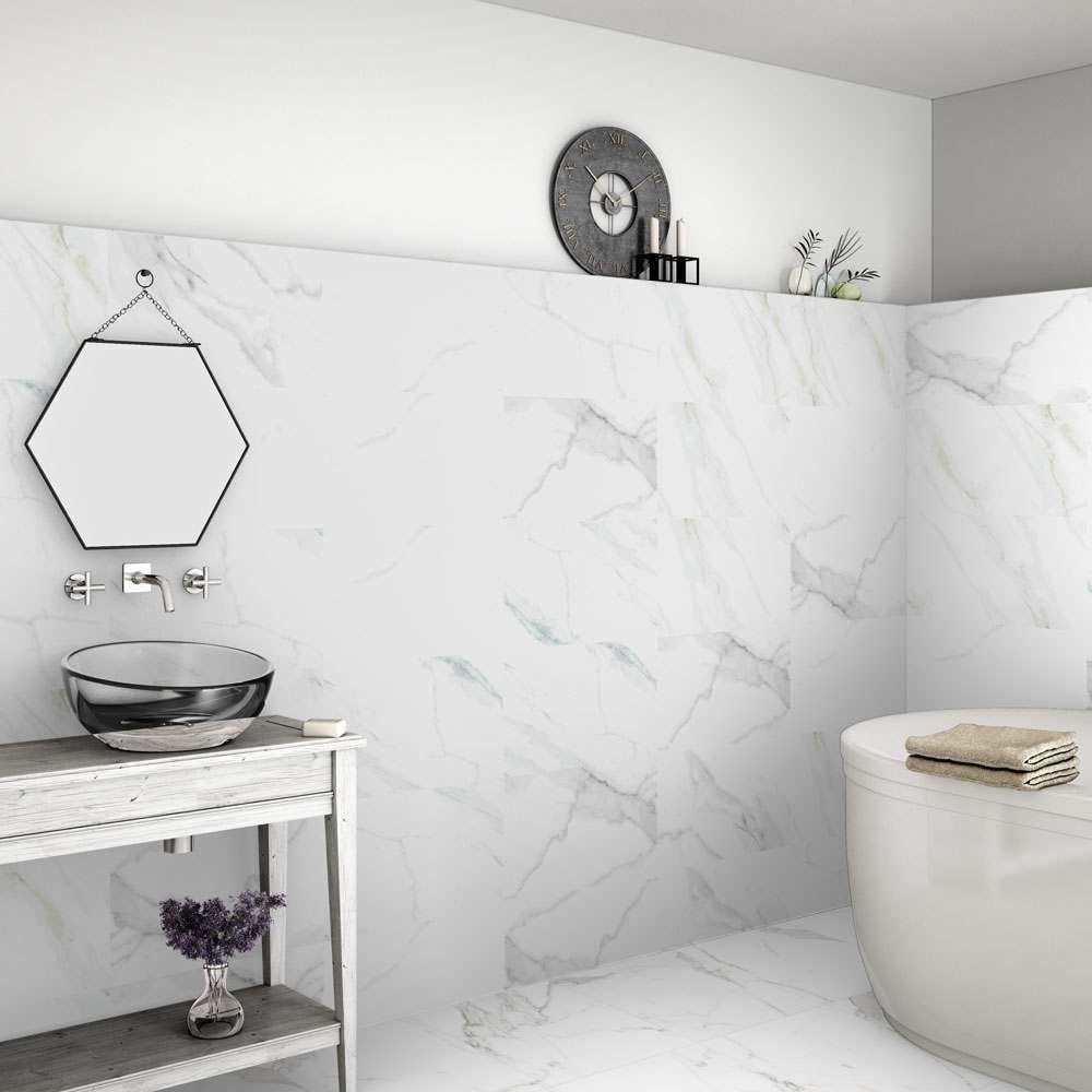 Parma Matt White Marble Effect, White Marble Tile Bathroom Wallpaper