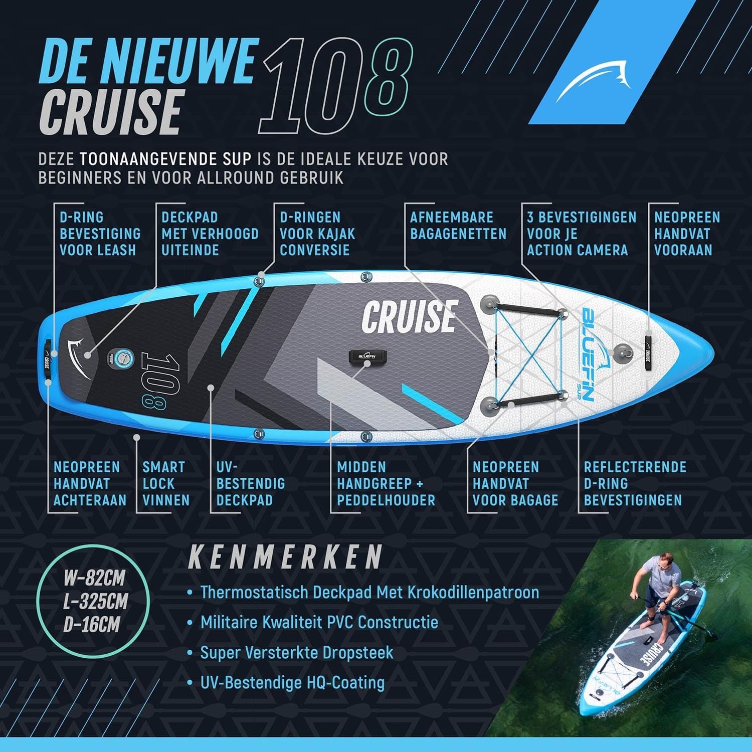 Bluefin Cruise Pro 10’8″ Opblaasbaar SUP Board – Allround Stand Up Paddleboard Set voor Beginners & Gevorderden