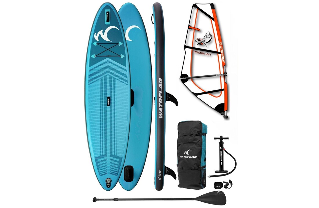 Watrflag Jibe 10’6 Windsurf & SUP Board – Complete Set met 2,4 m² Unifiber Rookie Sail Rig