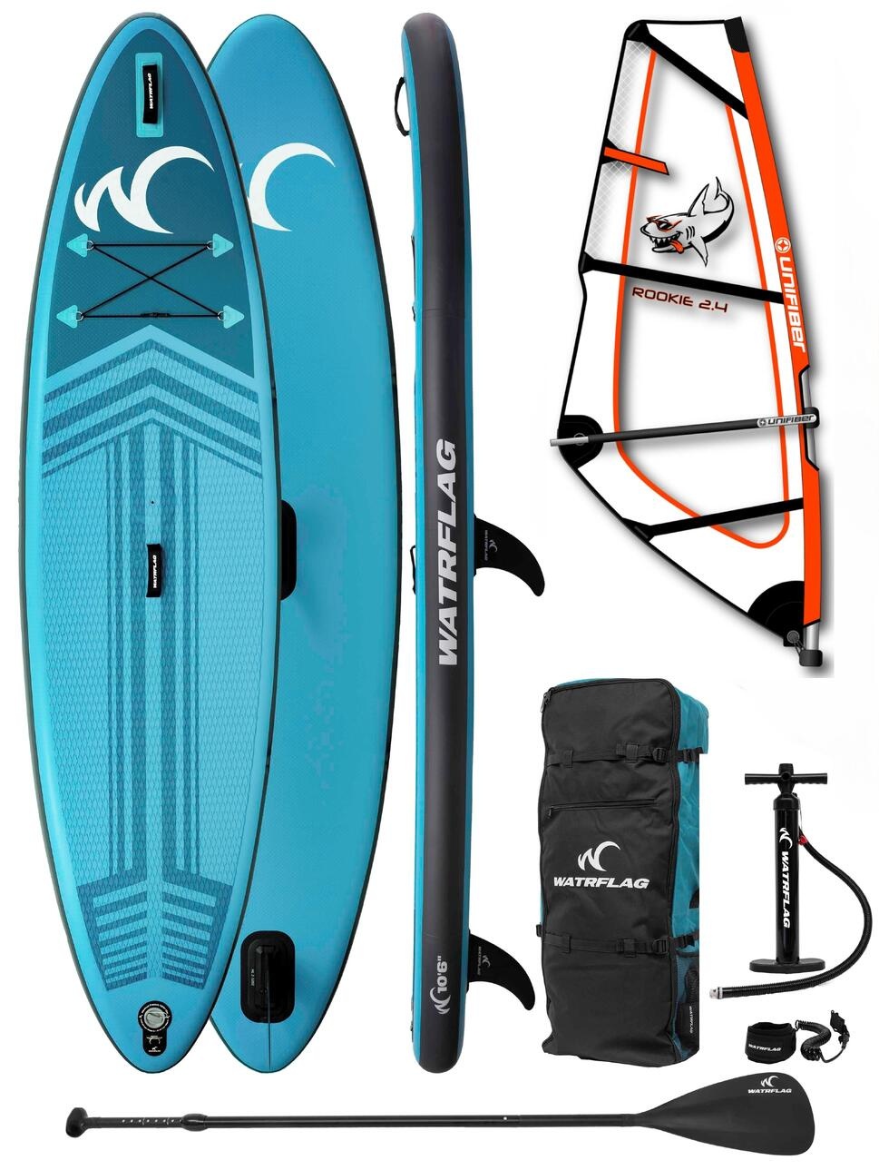 Watrflag Jibe 10’6 Windsurf & SUP Board – Complete Set met 2,4 m² Unifiber Rookie Sail Rig