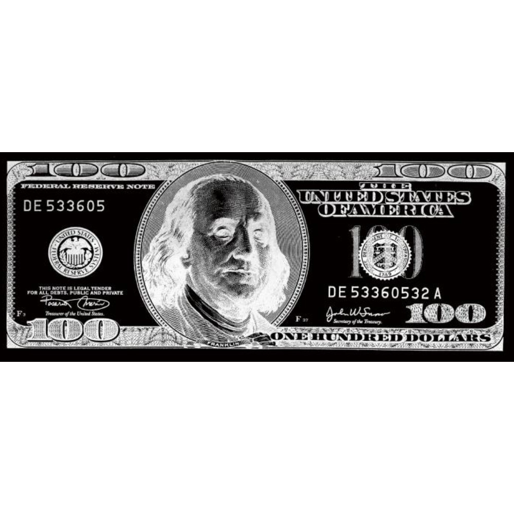 Glasschilderij - 100 Dollar (Zilver)
