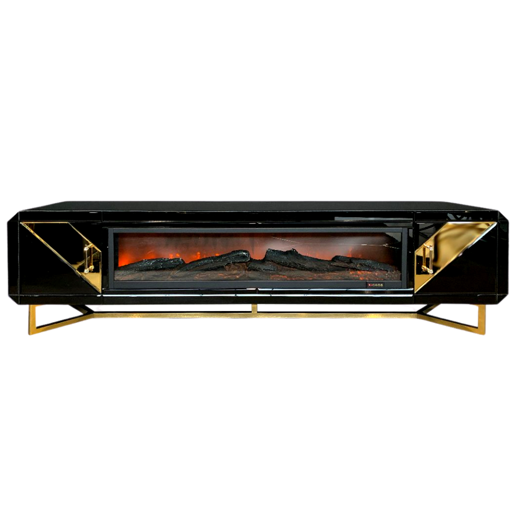 TV-meubel Ashwie Spiegel Glas - Goud - incl. Sfeerhaard