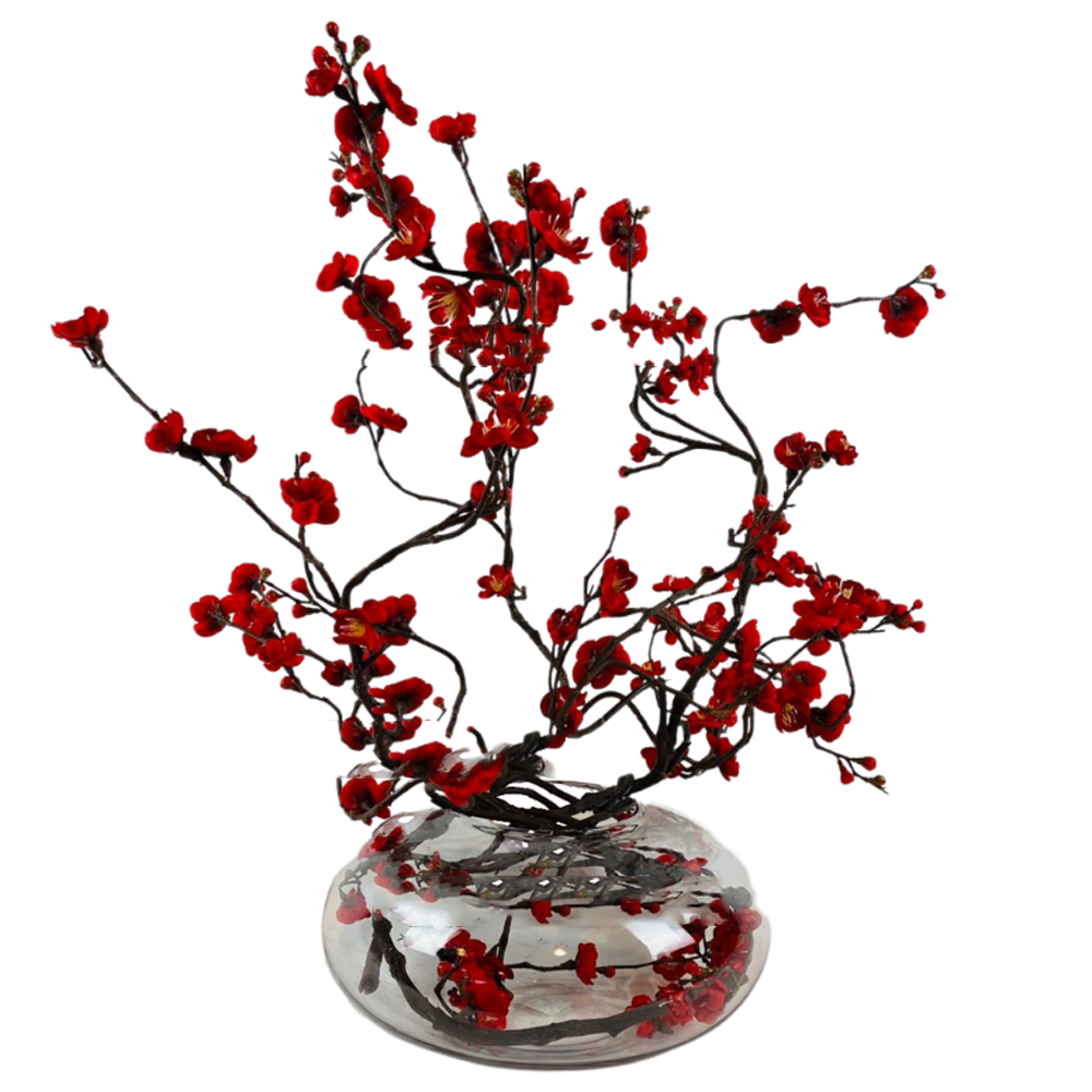 Appelbloesem Donkerrood Kunstplant - Transparant pot