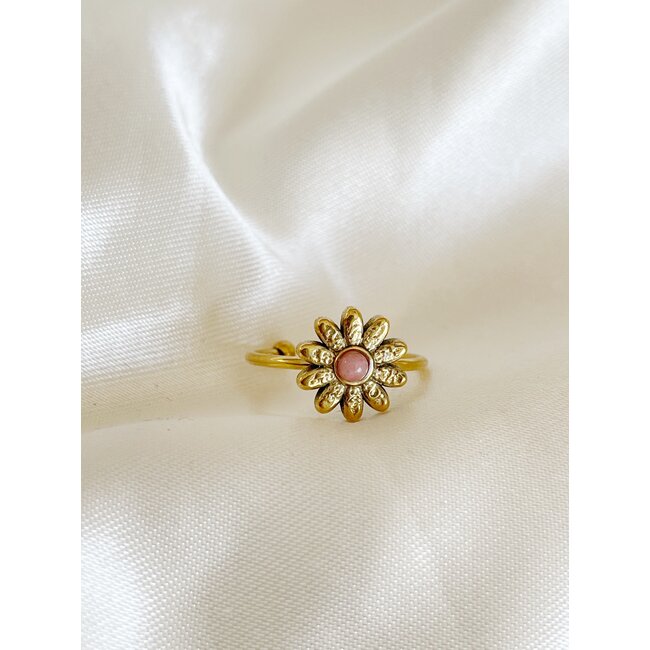 Gold Natural Stone Ring Daisy 'Rhodonite' - Stainless steel