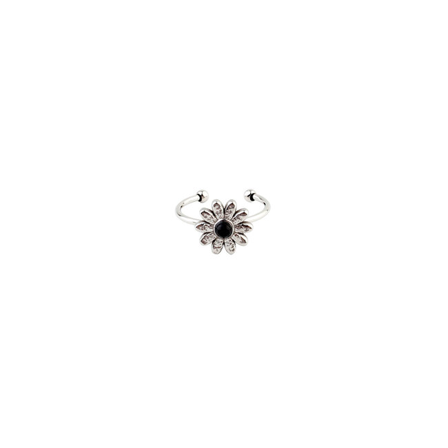 Silver Natural Stone Ring Daisy 'Black Agate' - Acero inoxidable