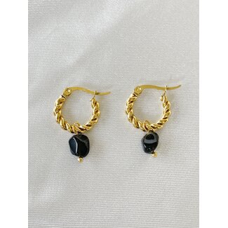 'Louane' Black Natural Stone Twist Creolen Gold - Edelstahl