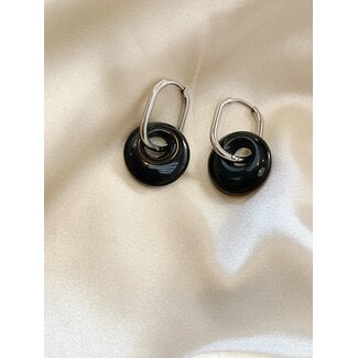 'Tirza' Earrings Black Agate Silver - Stainless Steel