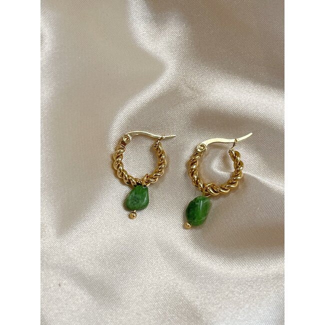 'Louane' Dark Green Natural Stone Twist Hoops Gold - Stainless Steel