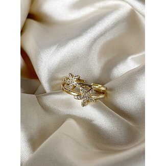 2 flowers rhinestone ring - Gold Plated (adjustable)