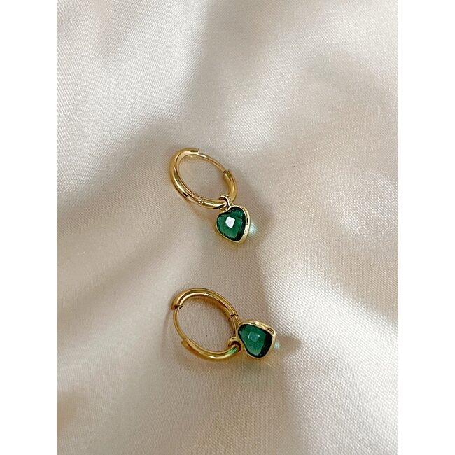 Tiny Heart Earrings Gold & Green - stainles steel