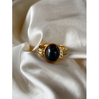 Bague Pierre Naturelle Noire 'Mégane' - acier inoxydable (réglable)