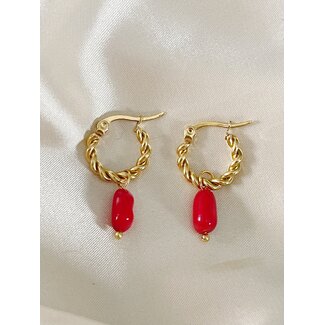 Louane 'Red Natural Stone Twist Hoops Gold - acciaio inossidabile