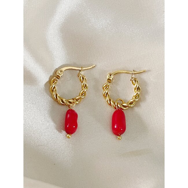 Louane 'Red Natural Stone Twist Hoops Gold - acciaio inossidabile