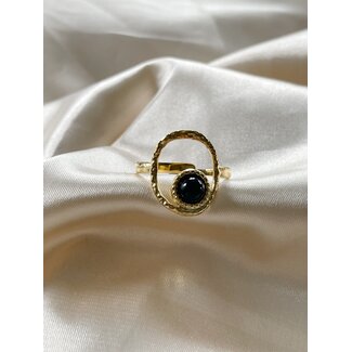 'LUCIA' BLACK STONE RING GOLD- STAINLESS STEEL (ADJUSTABLE)