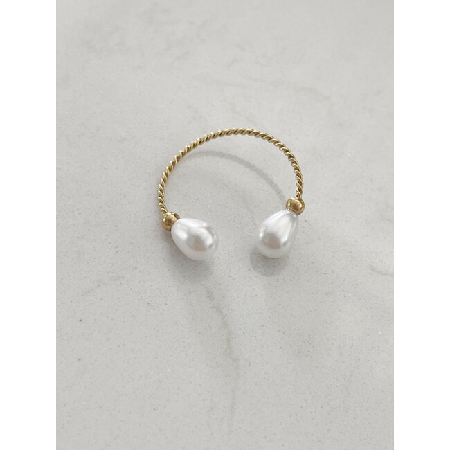 2 pearls ring gold - stainless steel (Verstelbaar)