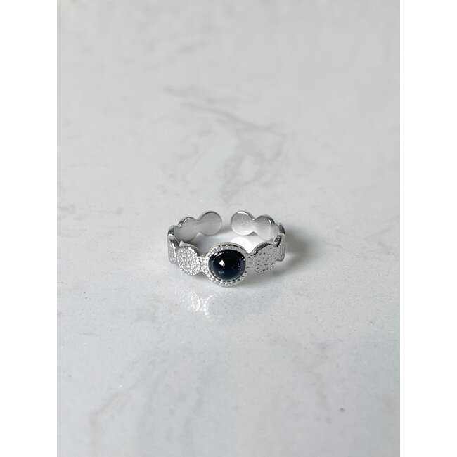 'Noé' ring silver black stone - stainless steel (verstelbaar)